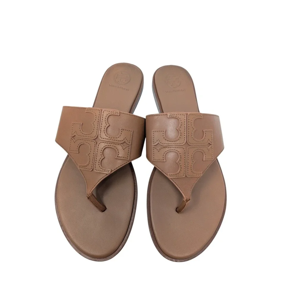 Tory Burch Weston Tan Leather Double T Logo Thong Sandals Size 9.5